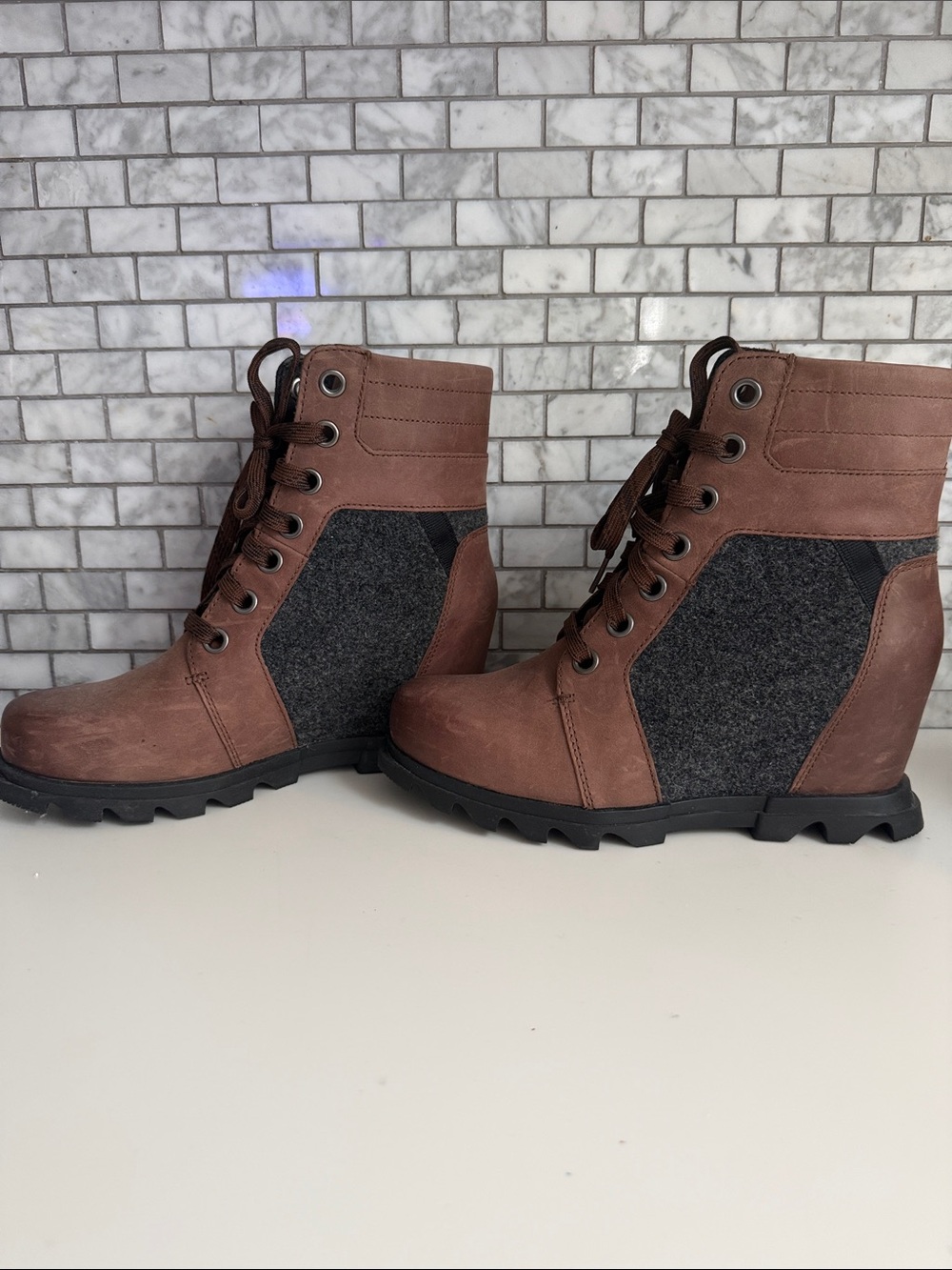 Sorel Brown Lace-Up Wedge Ankle Boots with Charcoal Panels
